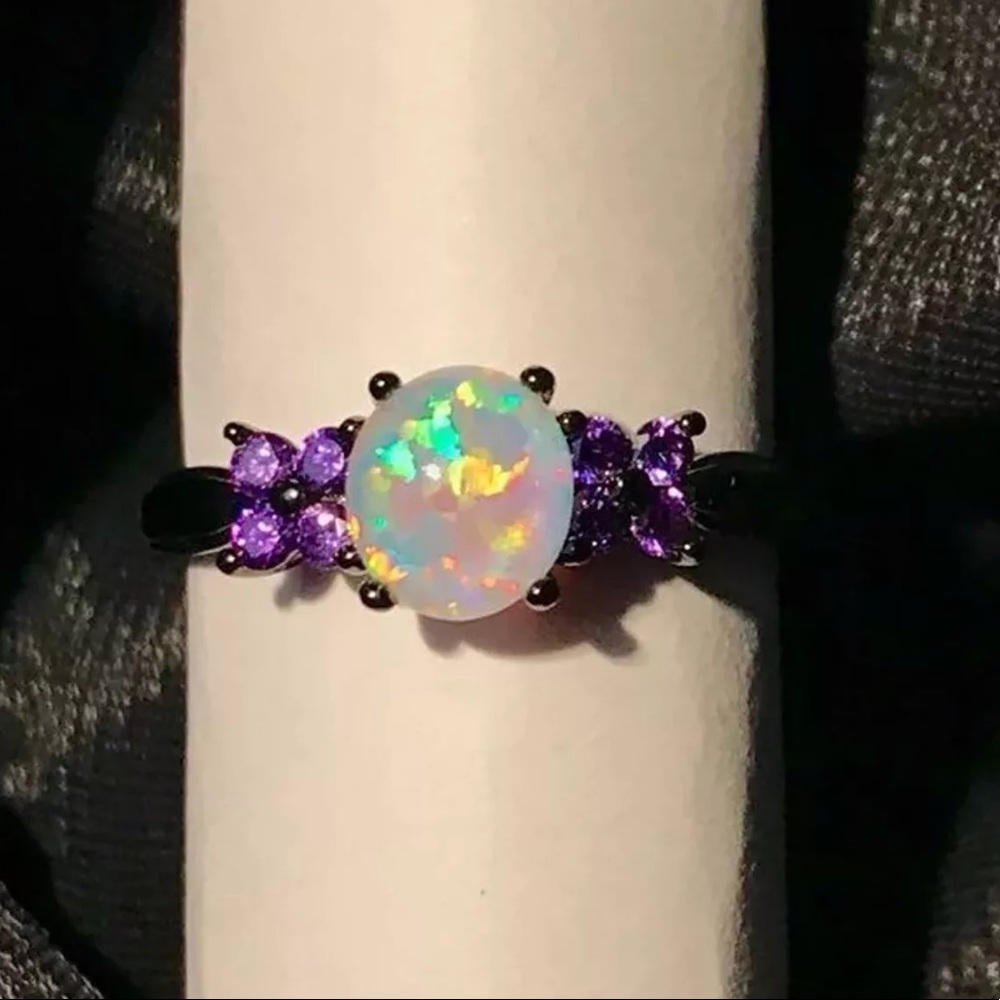 Fire Opal Ring Black Rhodium Over 925 Silver sz 9